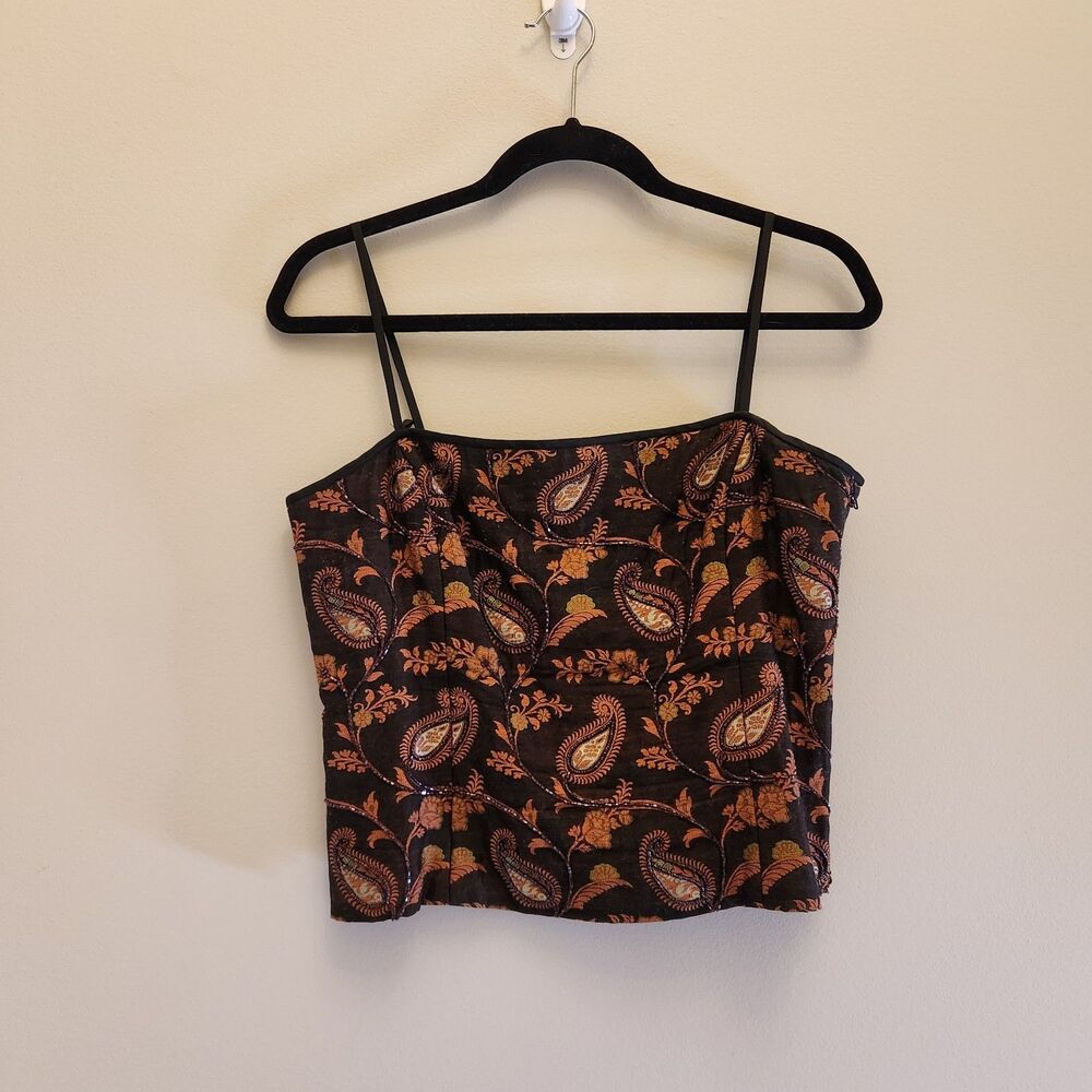 Vtg 90s Y2k Brown Paisley Beaded Tank Top Corset 100% Silk Lined Whimsygoth Boho